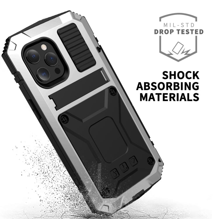 For iPhone 13 mini R-JUST Shockproof Water-resistant Dust-proof Metal + Silicone Protective Case with Holder (Silver)