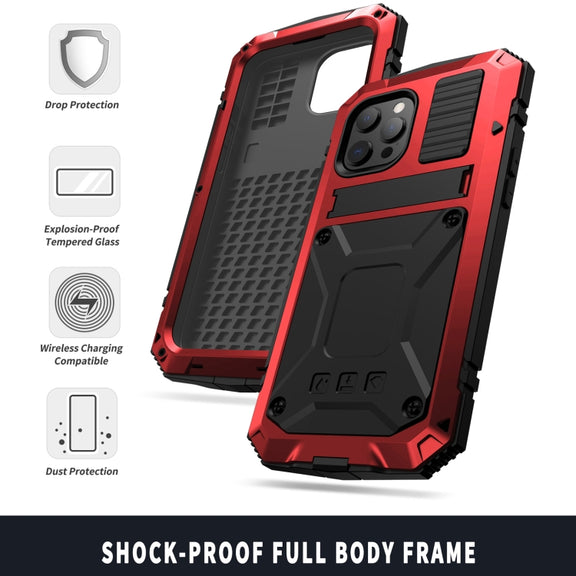 For iPhone 13 R-JUST Shockproof Water-resistant Dust-proof Metal + Silicone Protective Case with Holder(Red)