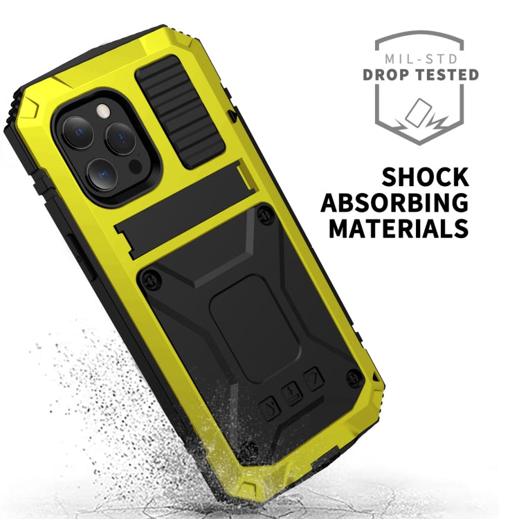 For iPhone 13 R-JUST Shockproof Water-resistant Dust-proof Metal + Silicone Protective Case with Holder(Yellow)
