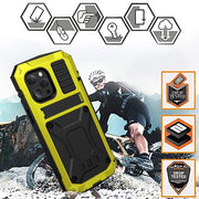 For iPhone 13 R-JUST Shockproof Water-resistant Dust-proof Metal + Silicone Protective Case with Holder(Yellow)