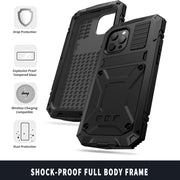 For iPhone 13 Pro R-JUST Shockproof Water-resistant Dust-proof Metal + Silicone Protective Case with Holder (Black)
