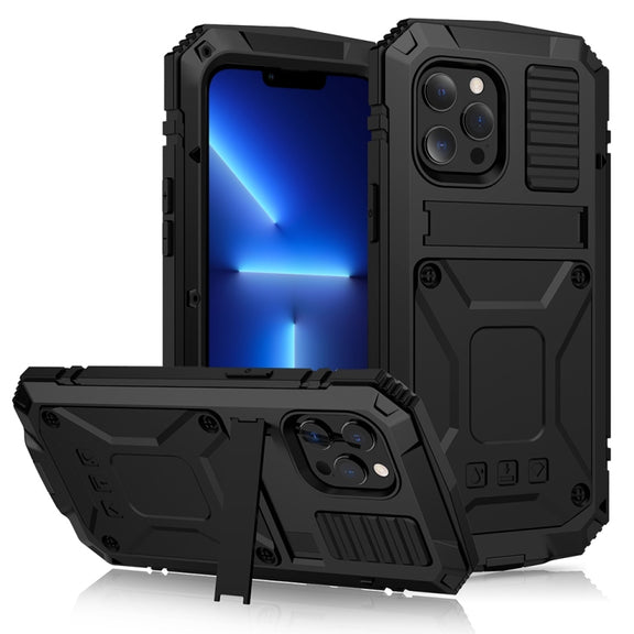 For iPhone 13 Pro R-JUST Shockproof Water-resistant Dust-proof Metal + Silicone Protective Case with Holder (Black)