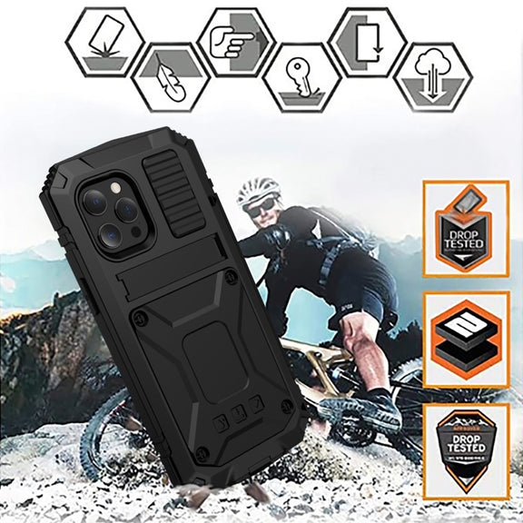For iPhone 13 Pro R-JUST Shockproof Water-resistant Dust-proof Metal + Silicone Protective Case with Holder (Black)