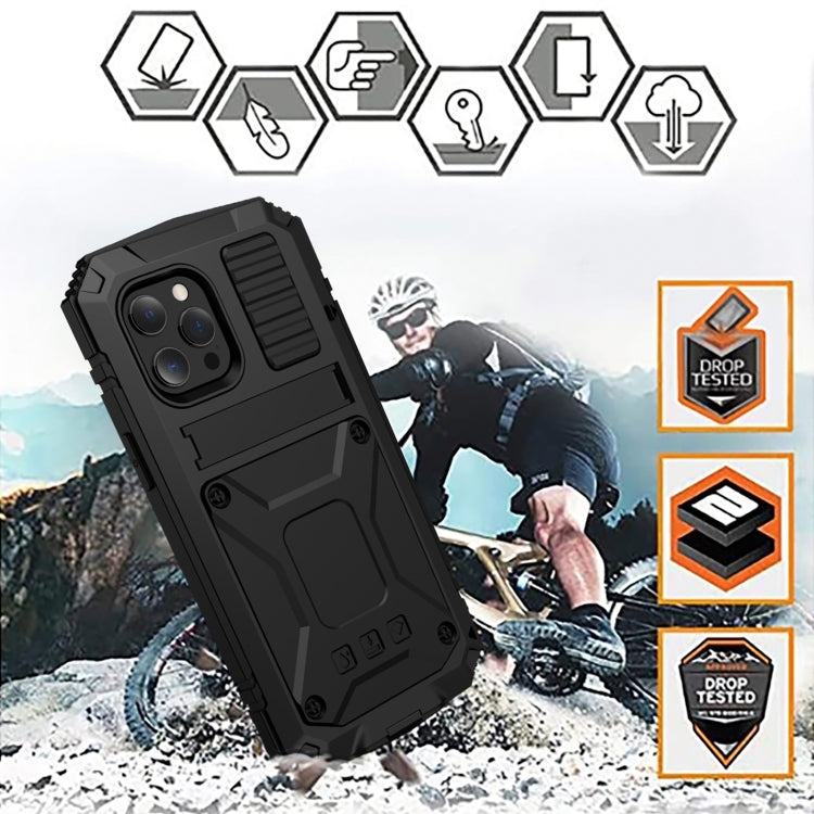 For iPhone 13 Pro R-JUST Shockproof Water-resistant Dust-proof Metal + Silicone Protective Case with Holder (Black)