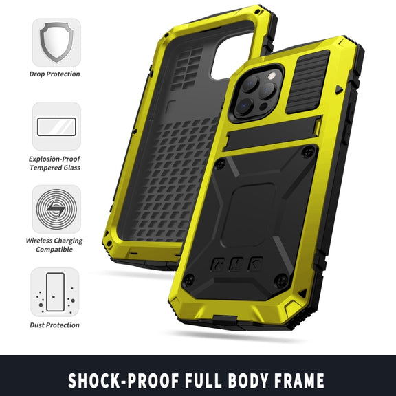 For iPhone 13 Pro R-JUST Shockproof Water-resistant Dust-proof Metal + Silicone Protective Case with Holder (Yellow)