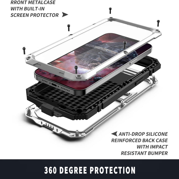 For iPhone 13 Pro Max R-JUST Shockproof Water-resistant Dust-proof Metal + Silicone Protective Case with Holder (Silver)