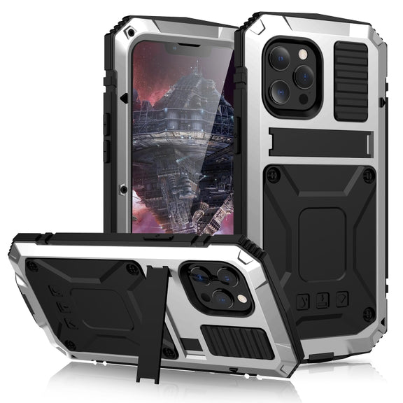 For iPhone 13 Pro Max R-JUST Shockproof Water-resistant Dust-proof Metal + Silicone Protective Case with Holder (Silver)