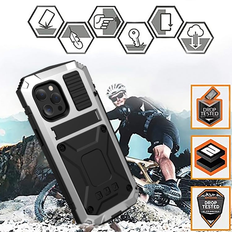 For iPhone 13 Pro Max R-JUST Shockproof Water-resistant Dust-proof Metal + Silicone Protective Case with Holder (Silver)