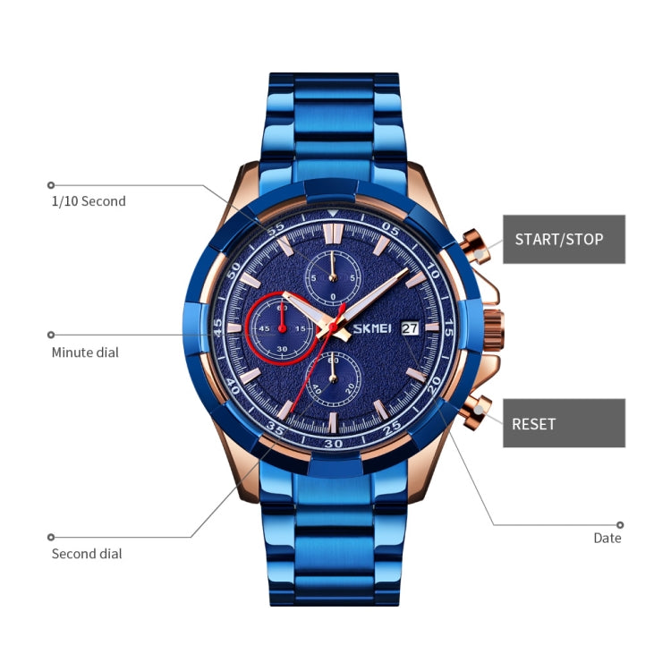 SKMEI 9192 Men Calendar Timing Stainless Steel Belt Luminous Quartz Watch(Rose Gold Black)