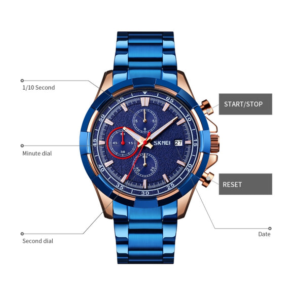 SKMEI 9192 Men Calendar Timing Stainless Steel Belt Luminous Quartz Watch(Silver Black)