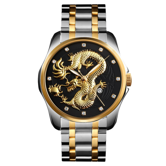 SKMEI 9193 Men Golden Dragon Pattern Calendar Dial Luminous Quartz Watch(Silver Black)