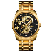 SKMEI 9193 Men Golden Dragon Pattern Calendar Dial Luminous Quartz Watch(Gold Black)