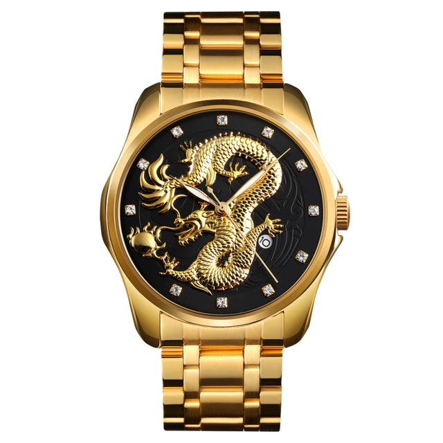 SKMEI 9193 Men Golden Dragon Pattern Calendar Dial Luminous Quartz Watch(Gold Black)