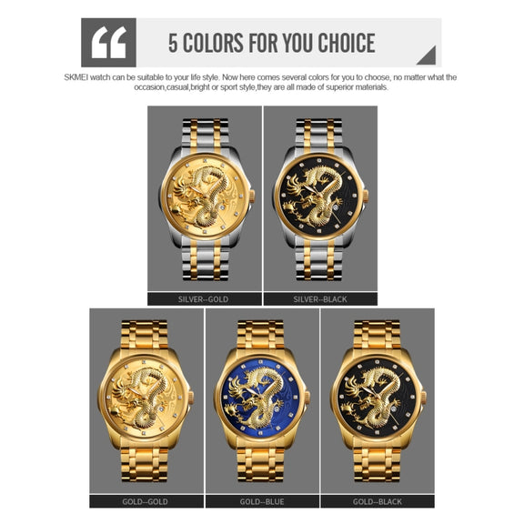 SKMEI 9193 Men Golden Dragon Pattern Calendar Dial Luminous Quartz Watch(Silver Gold)