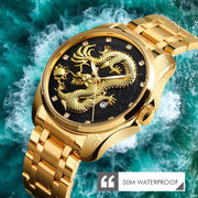 SKMEI 9193 Men Golden Dragon Pattern Calendar Dial Luminous Quartz Watch(Silver Gold)
