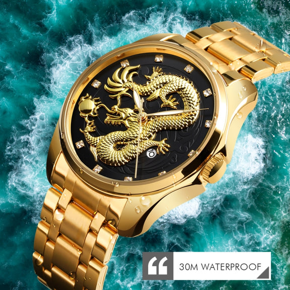 SKMEI 9193 Men Golden Dragon Pattern Calendar Dial Luminous Quartz Watch(Silver Gold)