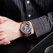 SKMEI 9193 Men Golden Dragon Pattern Calendar Dial Luminous Quartz Watch(Gold Blue)