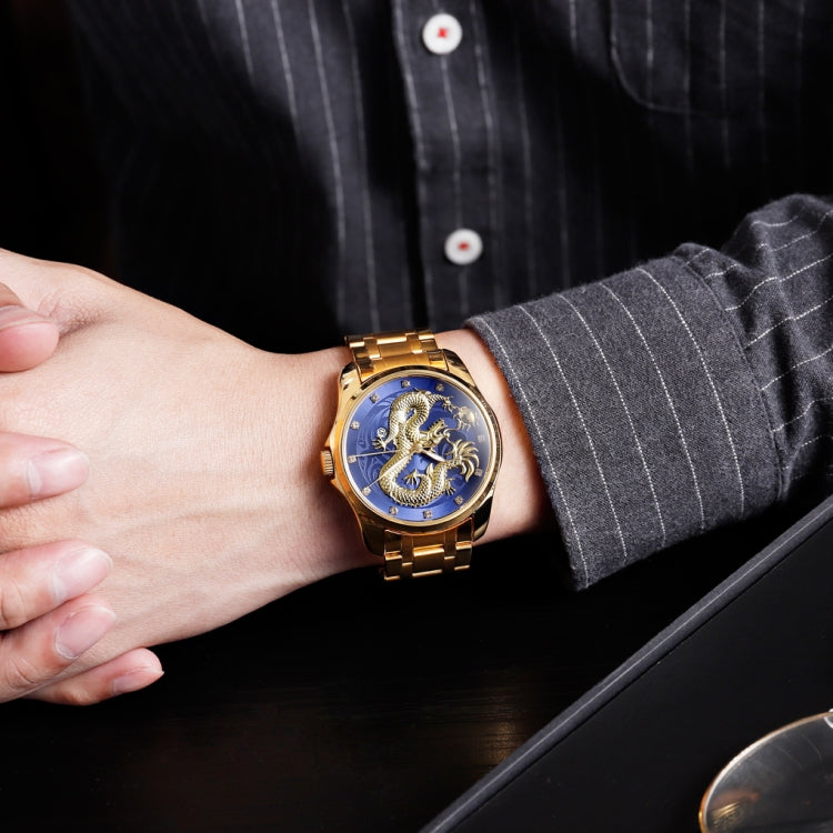 SKMEI 9193 Men Golden Dragon Pattern Calendar Dial Luminous Quartz Watch(Silver Gold)