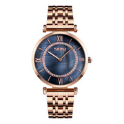 SKMEI 9198 Simple Roman Numeral Dial Metal Belt Quartz Watch for Couples(Rose Gold Black Men)