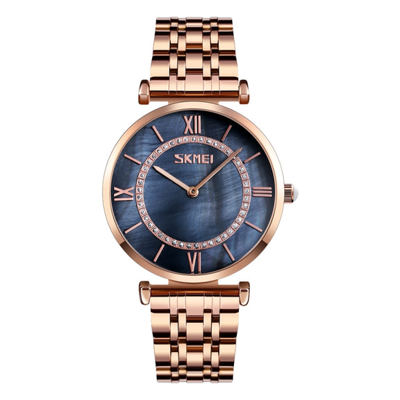 SKMEI 9198 Simple Roman Numeral Dial Metal Belt Quartz Watch for Couples(Rose Gold Black Men)
