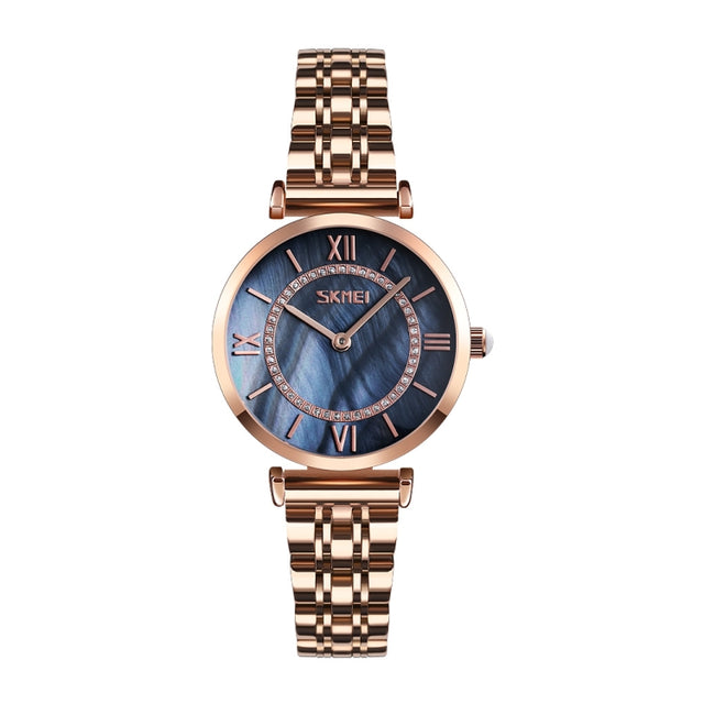 SKMEI 9198 Simple Roman Numeral Dial Metal Belt Quartz Watch for Couples(Rose Gold Black Women)