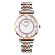 SKMEI 9198 Simple Roman Numeral Dial Metal Belt Quartz Watch for Couples(Rose Gold Silver White Men)