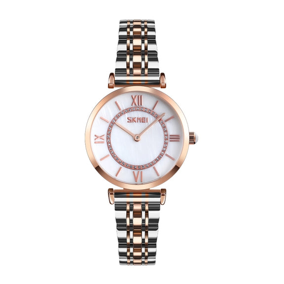 SKMEI 9198 Simple Roman Numeral Dial Metal Belt Quartz Watch for Couples(Rose Gold Silver White Women)