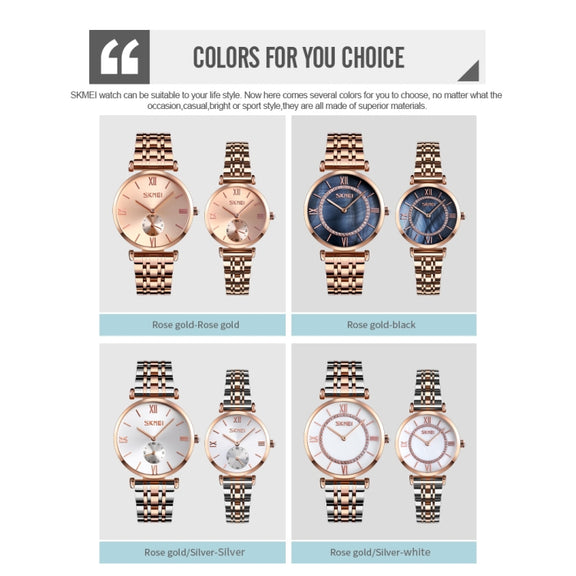 SKMEI 9198 Simple Roman Numeral Dial Metal Belt Quartz Watch for Couples(Rose Gold Silver White Men)