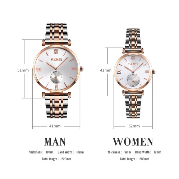 SKMEI 9198 Simple Roman Numeral Dial Metal Belt Quartz Watch for Couples(Rose Gold Black Men)