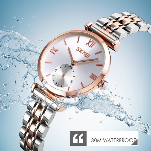 SKMEI 9198 Simple Roman Numeral Dial Metal Belt Quartz Watch for Couples(Rose Gold Silver White Men)