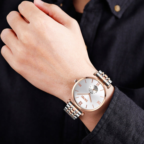 SKMEI 9198 Simple Roman Numeral Dial Metal Belt Quartz Watch for Couples(Rose Gold Silver White Men)