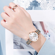SKMEI 9198 Simple Roman Numeral Dial Metal Belt Quartz Watch for Couples(Rose Gold Black Men)