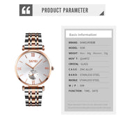 SKMEI 9198 Simple Roman Numeral Dial Metal Belt Quartz Watch for Couples(Rose Gold Silver White Men)