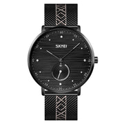 SKMEI 9218 Men Horizontal Striped Arabic Numeral Dial Mesh Belt Quartz Watch(Black)