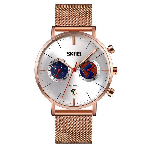 SKMEI 9231 Men Map Pattern Calendar Stopwatch Stainless Steel Strap Quartz Watch(Silver)
