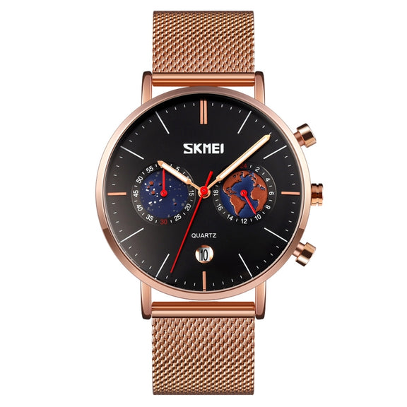 SKMEI 9231 Men Map Pattern Calendar Stopwatch Stainless Steel Strap Quartz Watch(Black)