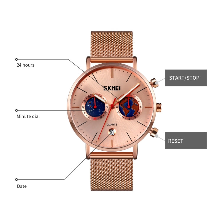 SKMEI 9231 Men Map Pattern Calendar Stopwatch Stainless Steel Strap Quartz Watch(Blue)