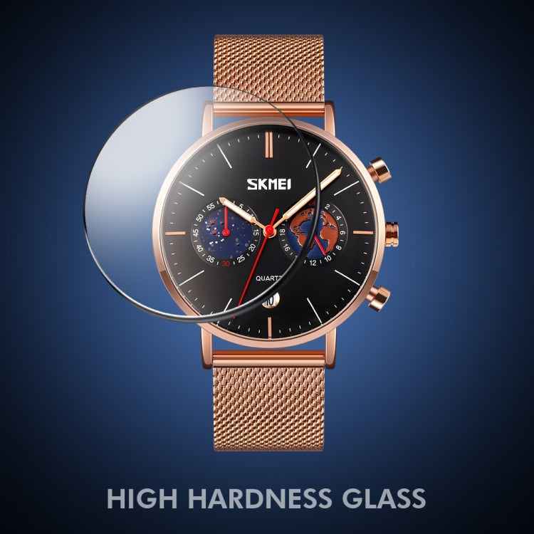 SKMEI 9231 Men Map Pattern Calendar Stopwatch Stainless Steel Strap Quartz Watch(Rose Gold)