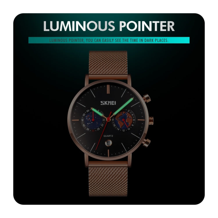 SKMEI 9231 Men Map Pattern Calendar Stopwatch Stainless Steel Strap Quartz Watch(Rose Gold) - free shipping - PMC TechLife - Order now!