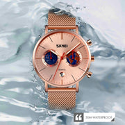 SKMEI 9231 Men Map Pattern Calendar Stopwatch Stainless Steel Strap Quartz Watch(Rose Gold)