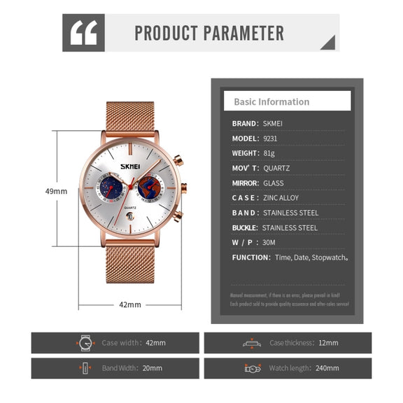 SKMEI 9231 Men Map Pattern Calendar Stopwatch Stainless Steel Strap Quartz Watch(Blue)