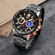 SKMEI 9235 Men Moonphase Stopwatch Stainless Steel Strap Quartz Watch(Gold Black)