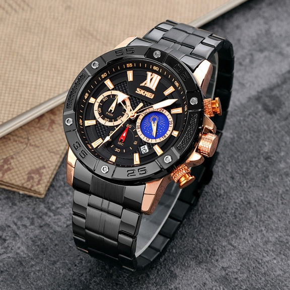 SKMEI 9235 Men Moonphase Stopwatch Stainless Steel Strap Quartz Watch(Gold Black)