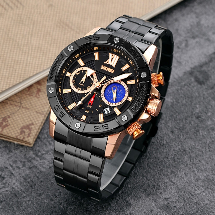 SKMEI 9235 Men Moonphase Stopwatch Stainless Steel Strap Quartz Watch(Gold Black)