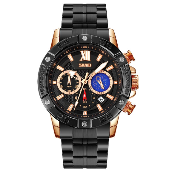 SKMEI 9235 Men Moonphase Stopwatch Stainless Steel Strap Quartz Watch(Gold Black)