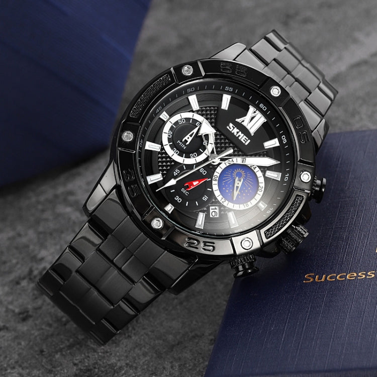 SKMEI 9235 Men Moonphase Stopwatch Stainless Steel Strap Quartz Watch(Black)