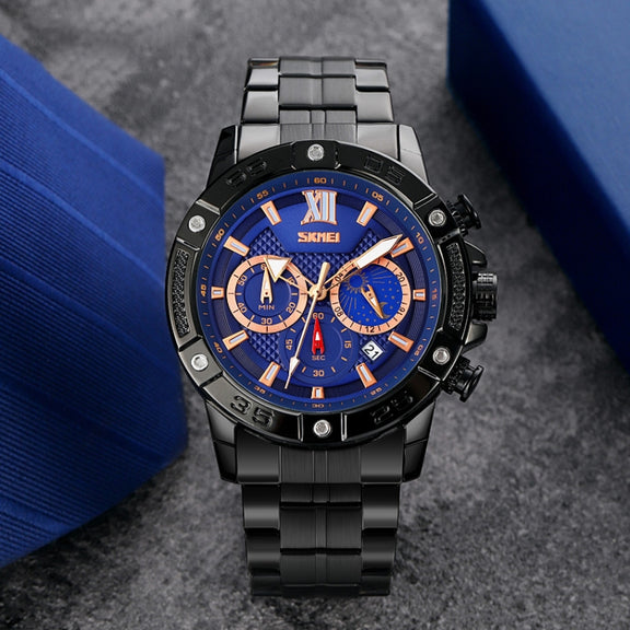 SKMEI 9235 Men Moonphase Stopwatch Stainless Steel Strap Quartz Watch(Black Blue)