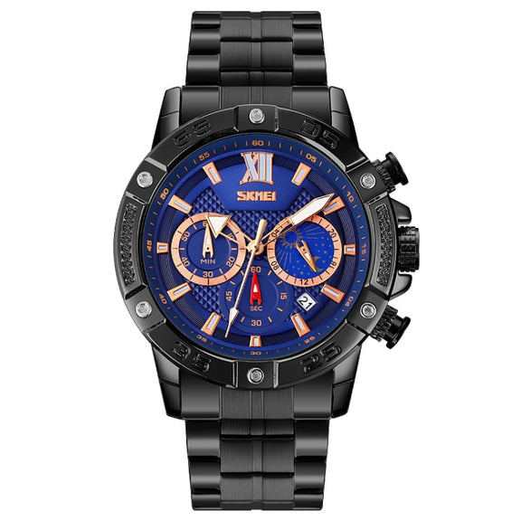 SKMEI 9235 Men Moonphase Stopwatch Stainless Steel Strap Quartz Watch(Black Blue)