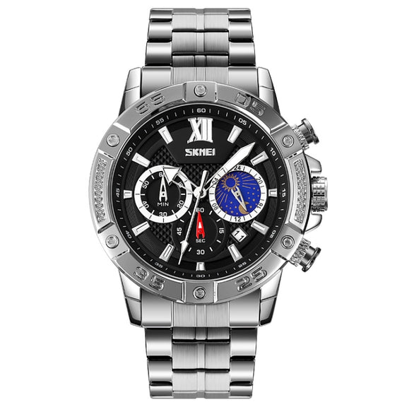 SKMEI 9235 Men Moonphase Stopwatch Stainless Steel Strap Quartz Watch(Silver Black)
