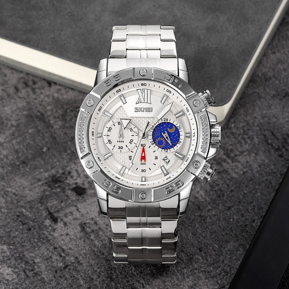 SKMEI 9235 Men Moonphase Stopwatch Stainless Steel Strap Quartz Watch(Silver)